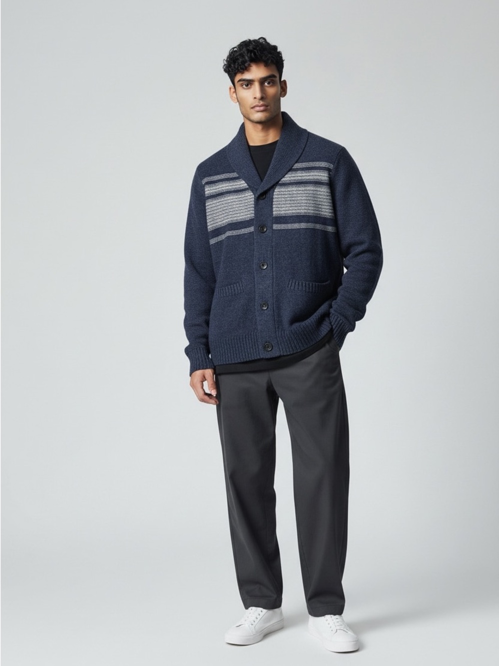 Old Navy Men’s Shawl Collar Cardigan Sweater Blue Striped Size Medium